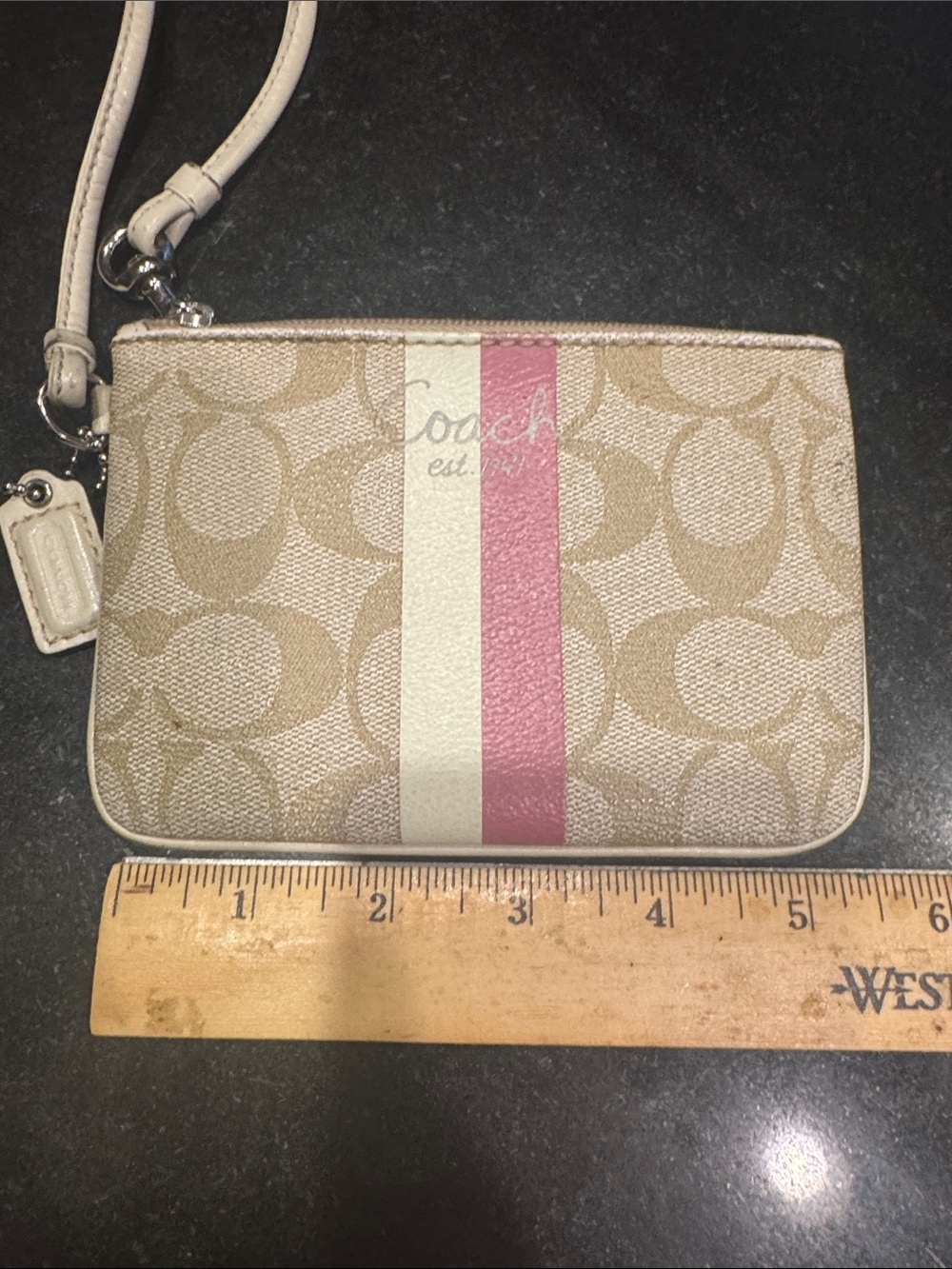 Coach Signature Canvas Wristlet with Pink and Cream Stripe